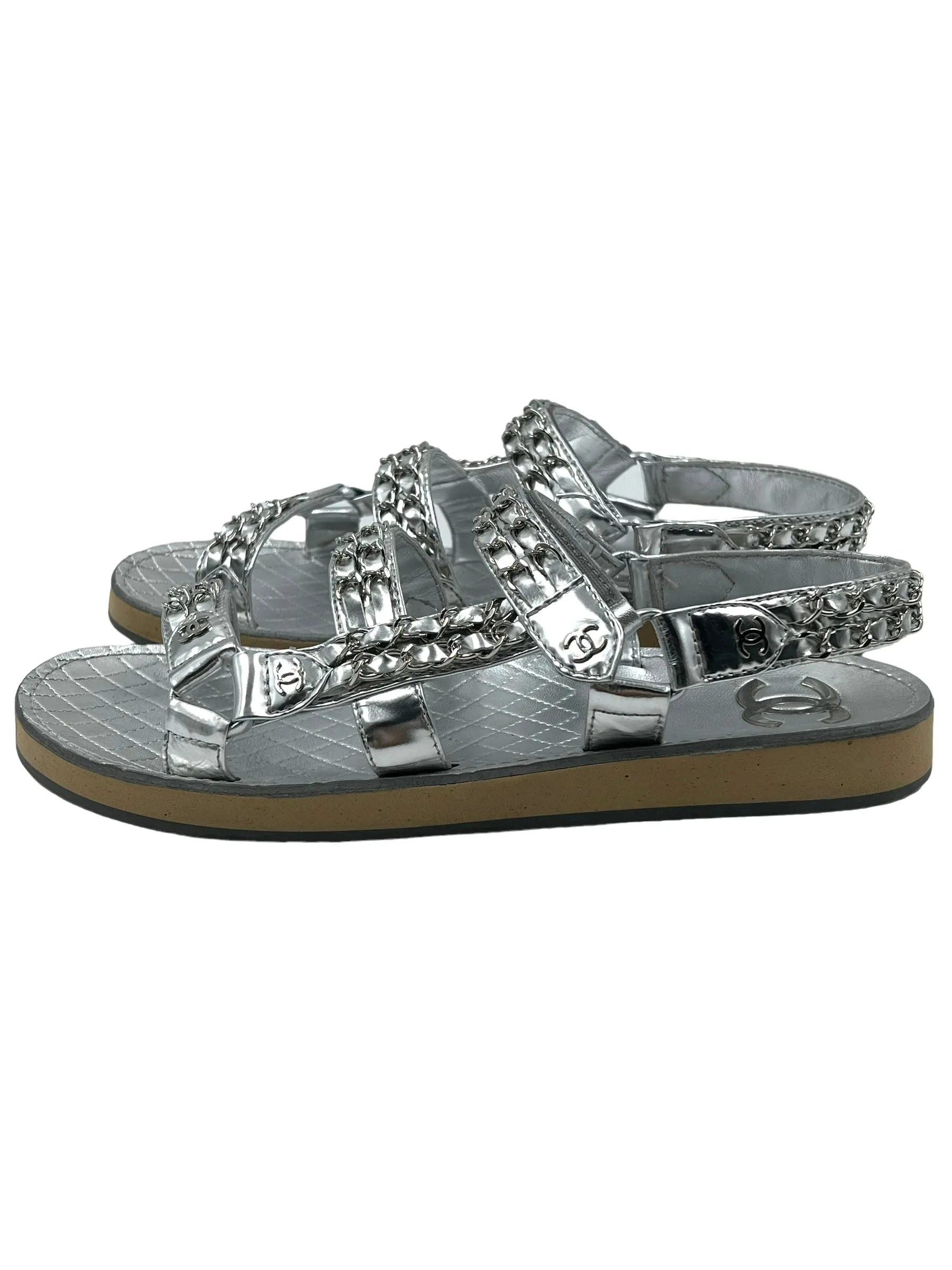 Chanel Size 39.5 Silver Leather Dad Chain Sandals