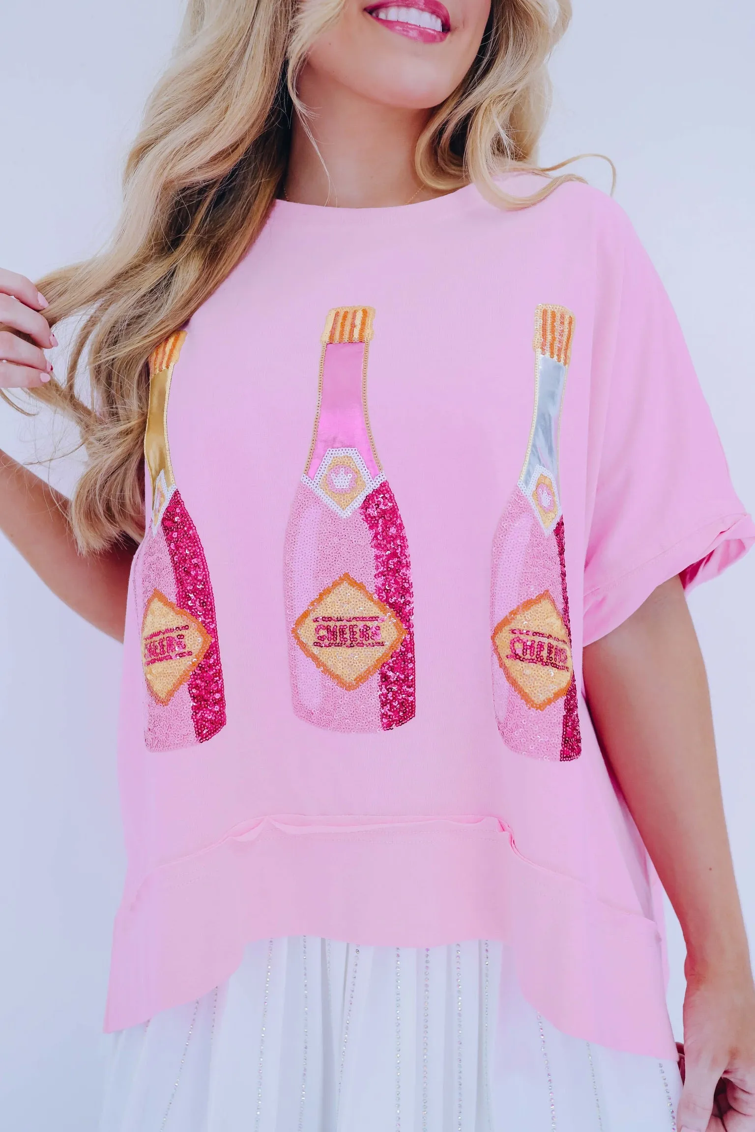 Cheers Bottle Sequin Embroidered Top - Pink