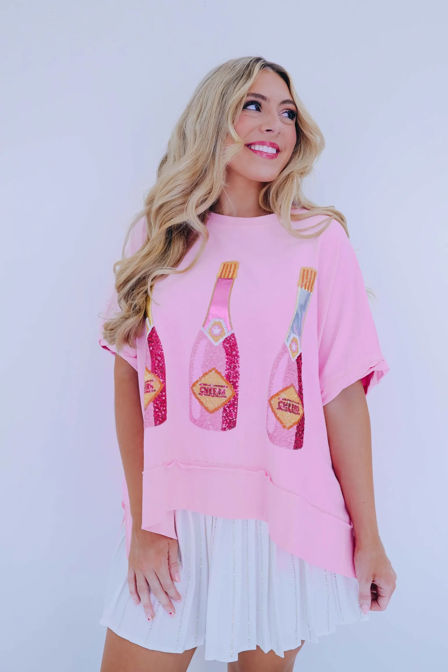 Cheers Bottle Sequin Embroidered Top - Pink