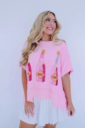 Cheers Bottle Sequin Embroidered Top - Pink