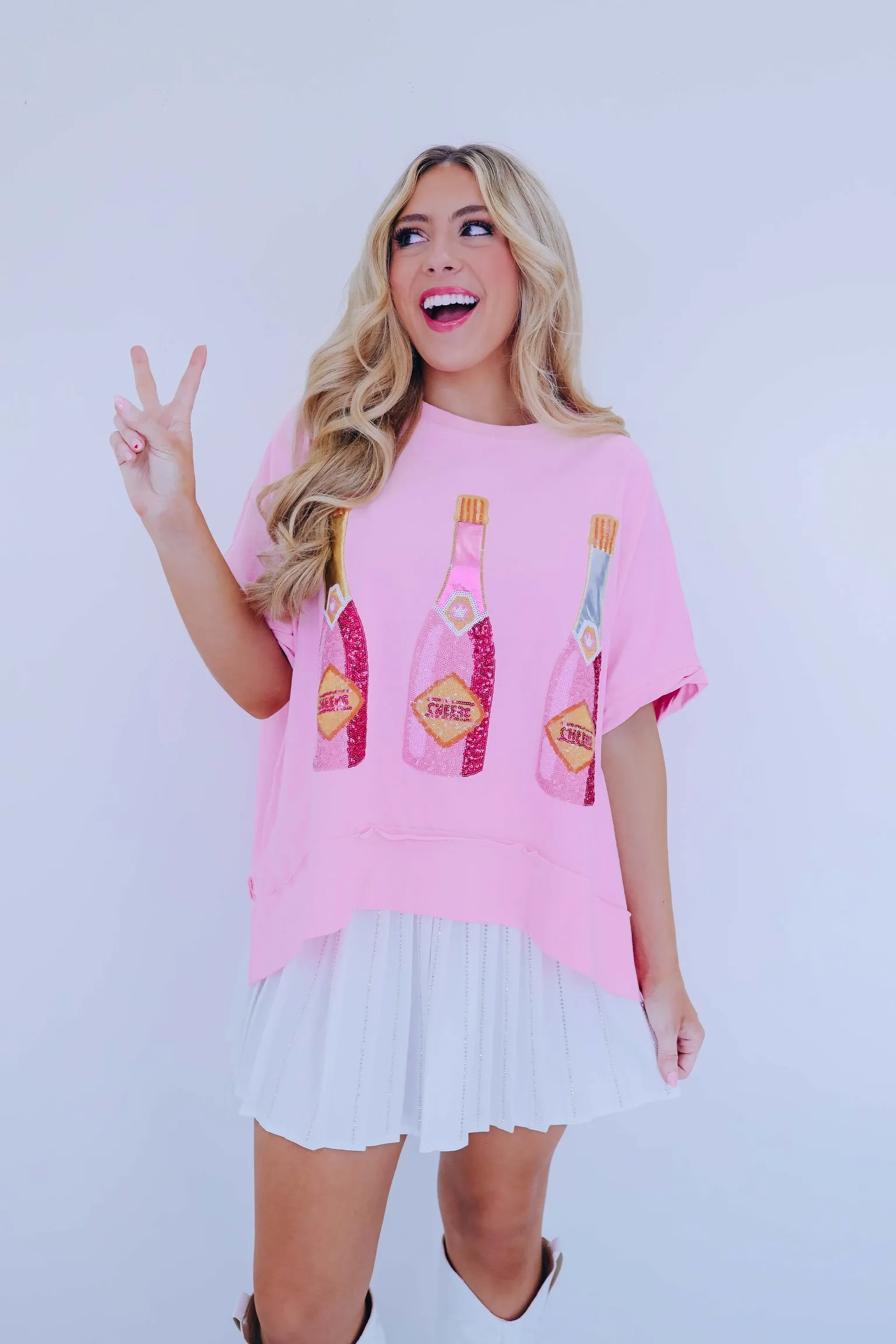 Cheers Bottle Sequin Embroidered Top - Pink