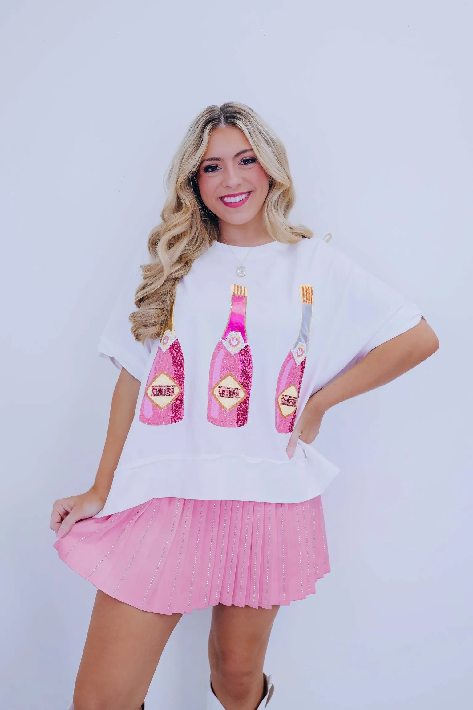 Cheers Bottle Sequin Embroidered Top - White
