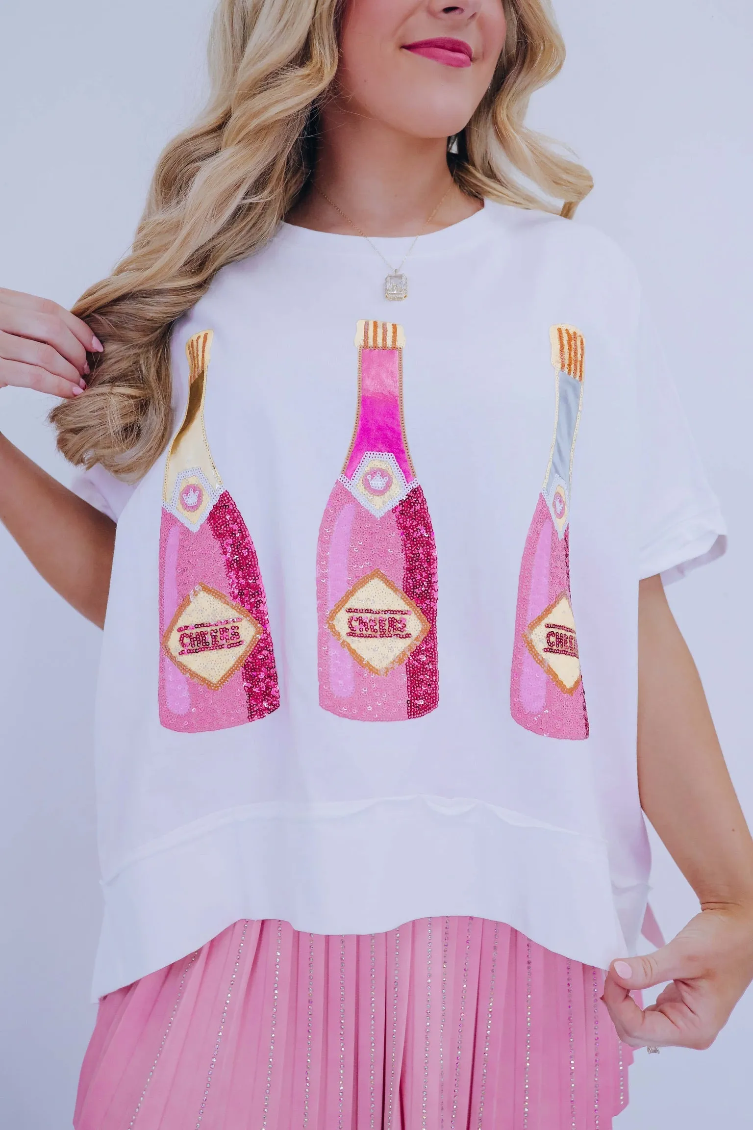 Cheers Bottle Sequin Embroidered Top - White