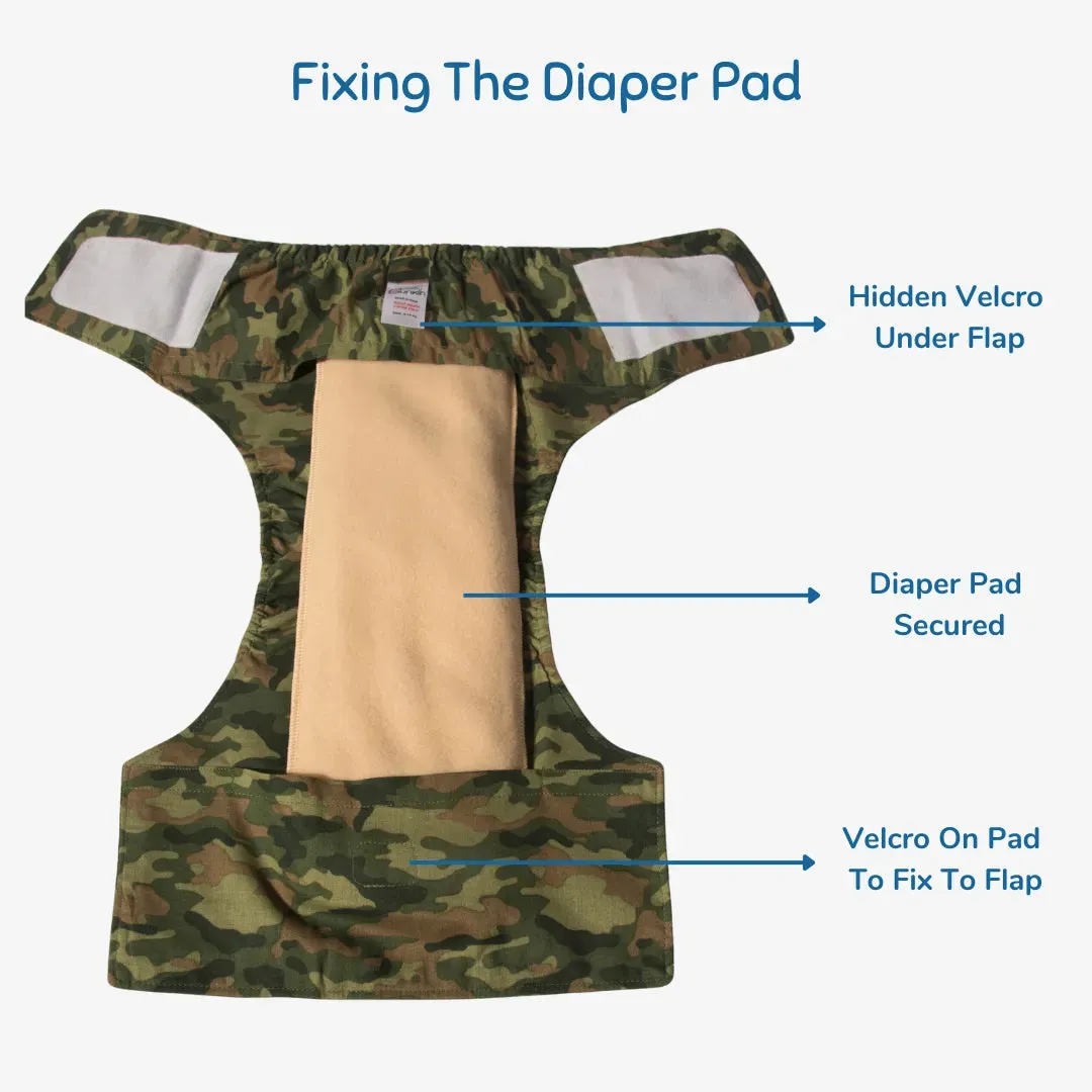 Cloth Diaper | Camo Baby | Velcro Closure | Wrap On Style | With 2 Diaper Pads Free