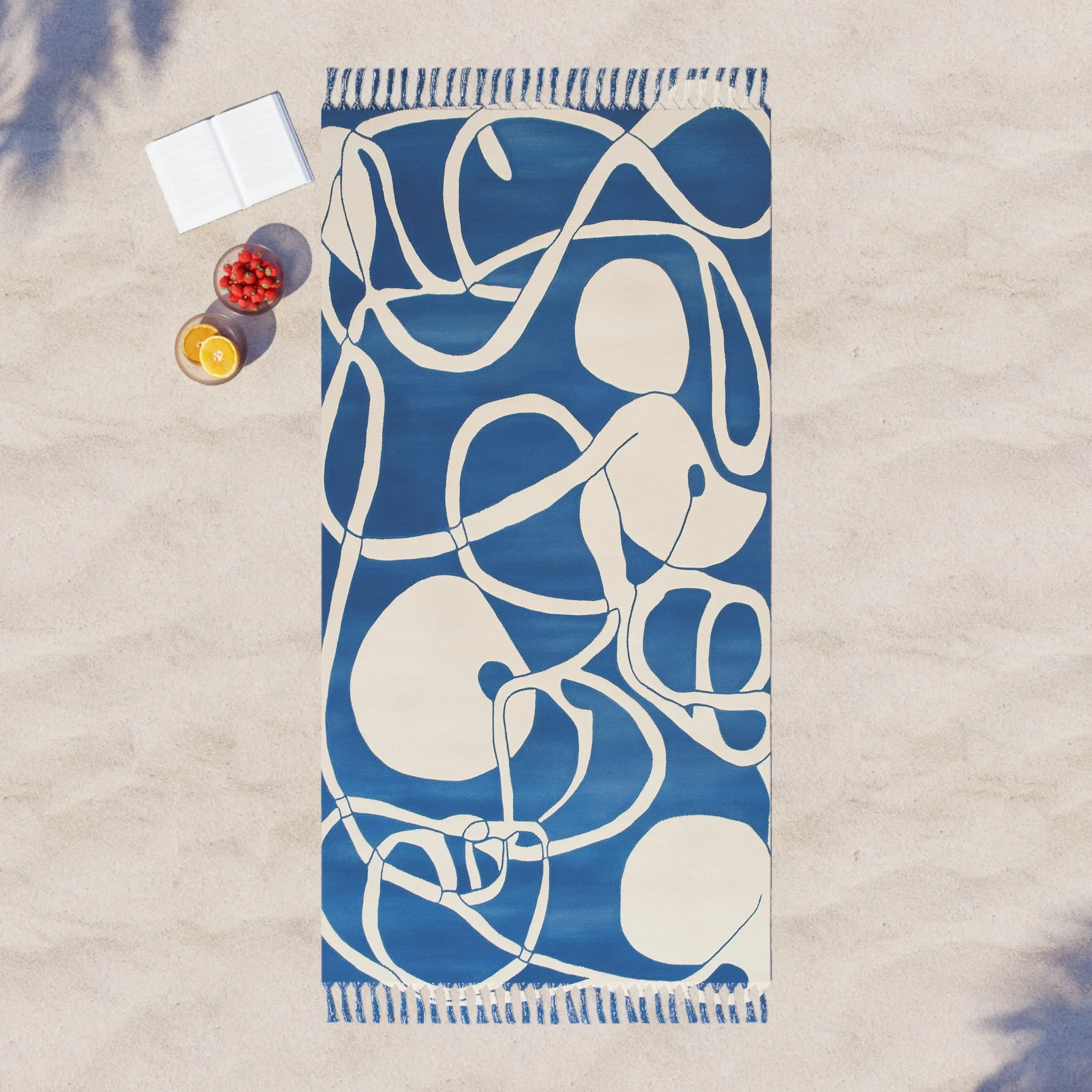 Coastal Waves Abstract Blue and White Beach Towel