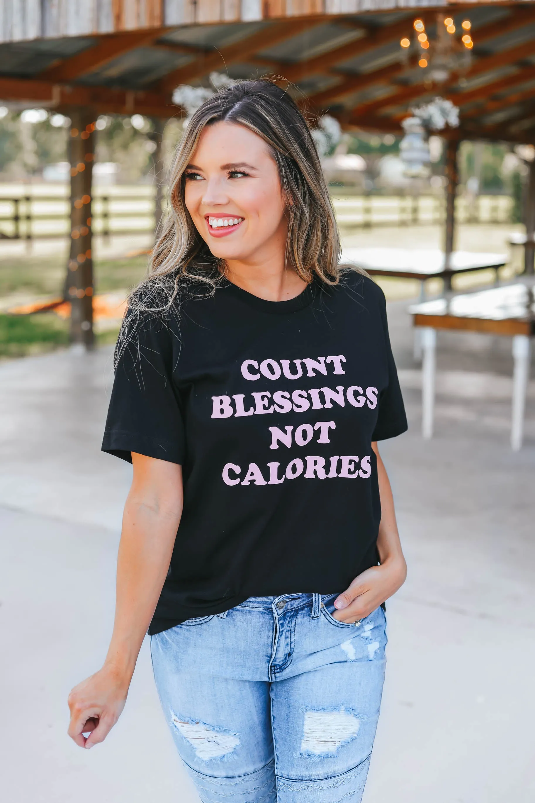 Count Blessings Not Calories Graphic Tee - Black
