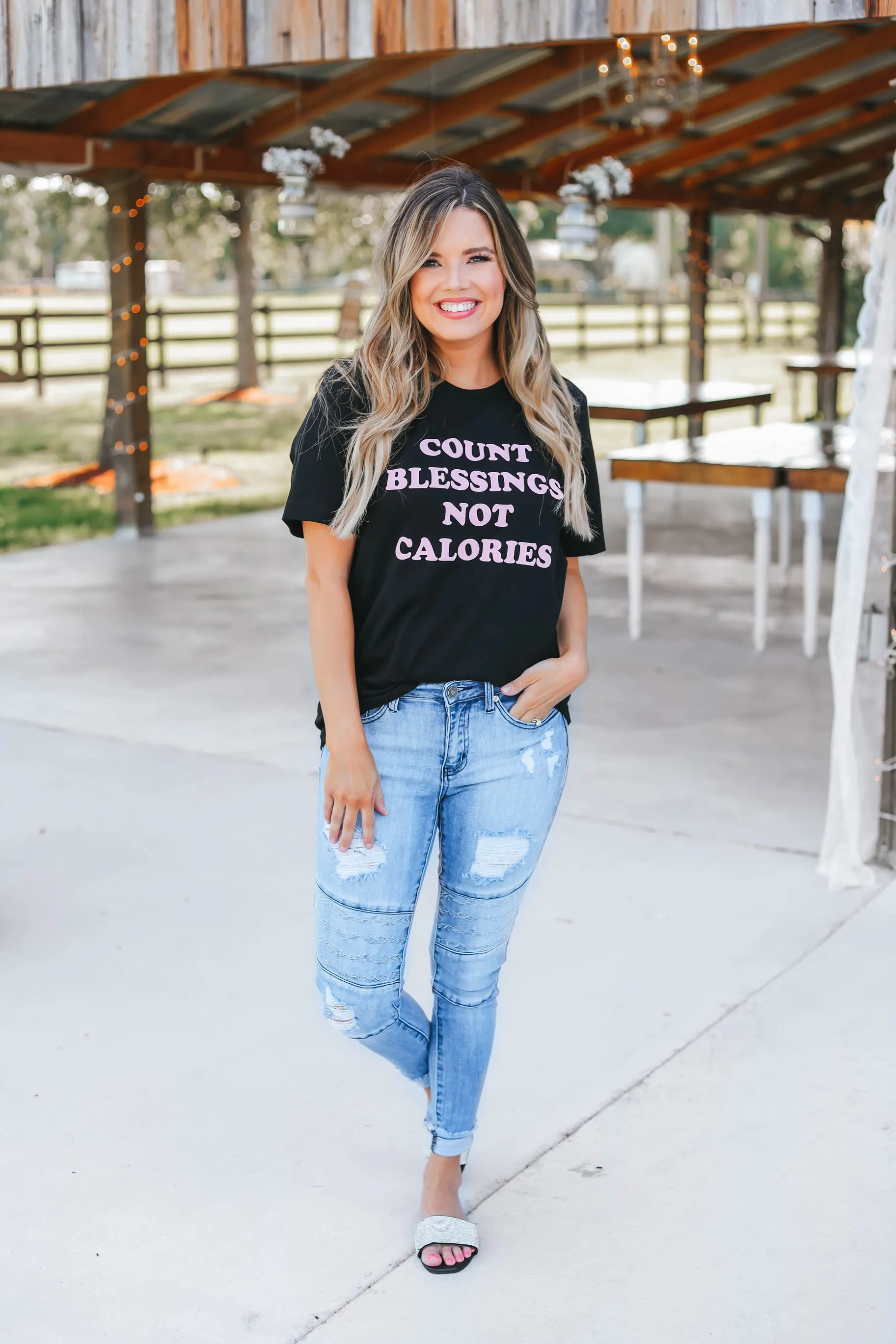 Count Blessings Not Calories Graphic Tee - Black