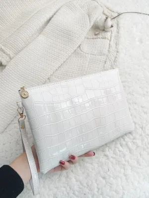 Crocodile Embossed Square Bag With Wristlet - White