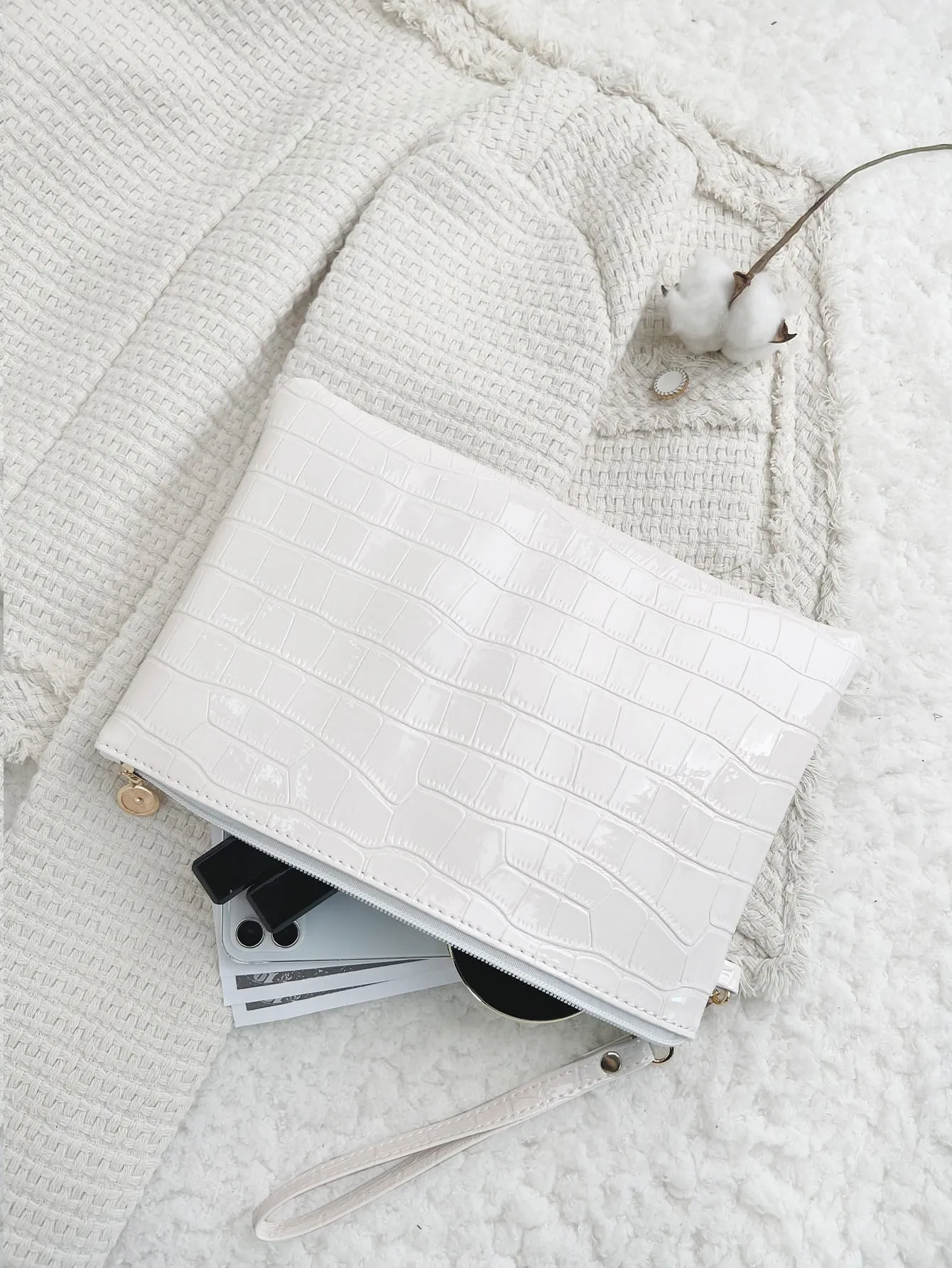 Crocodile Embossed Square Bag With Wristlet - White