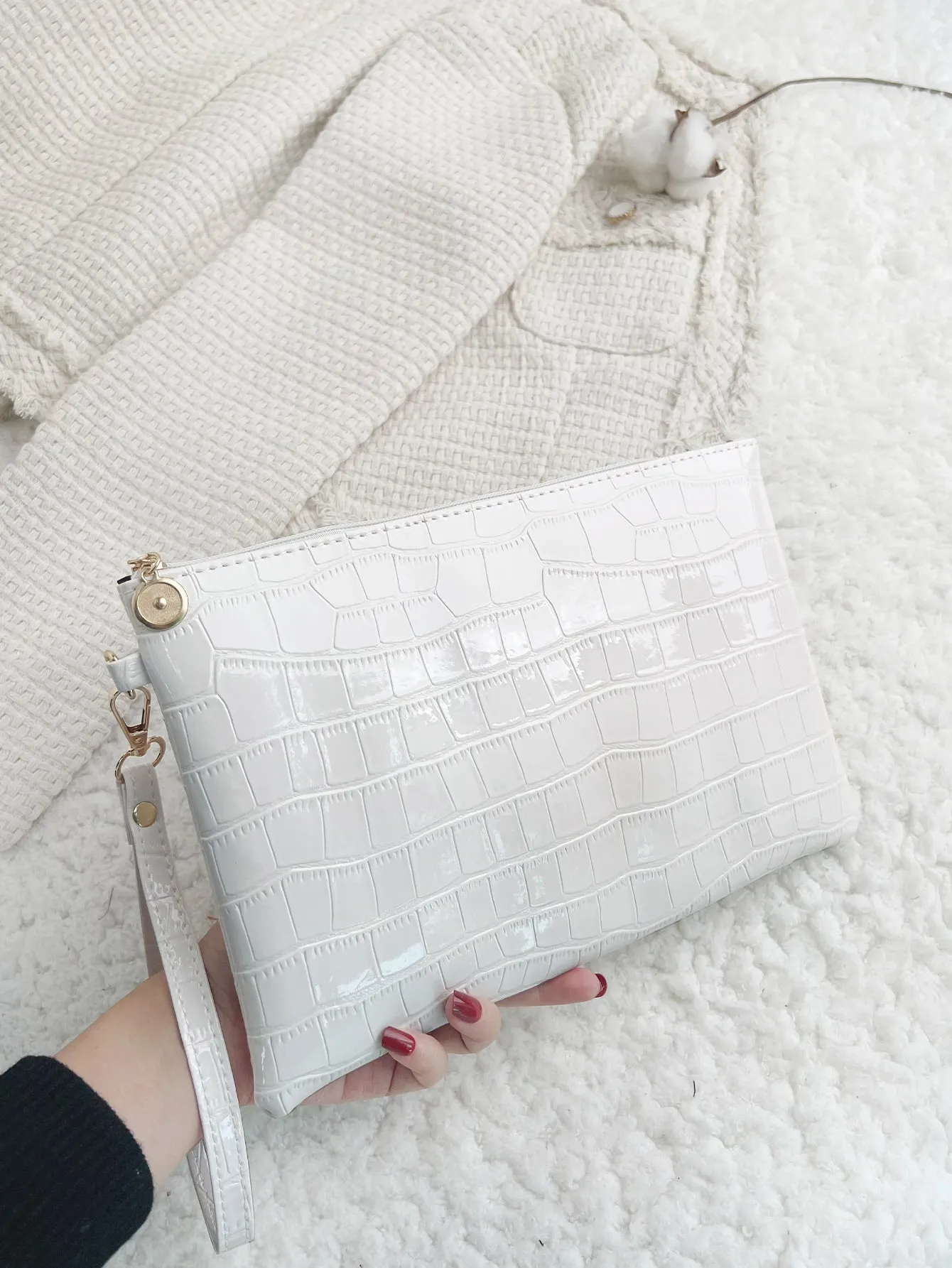 Crocodile Embossed Square Bag With Wristlet - White