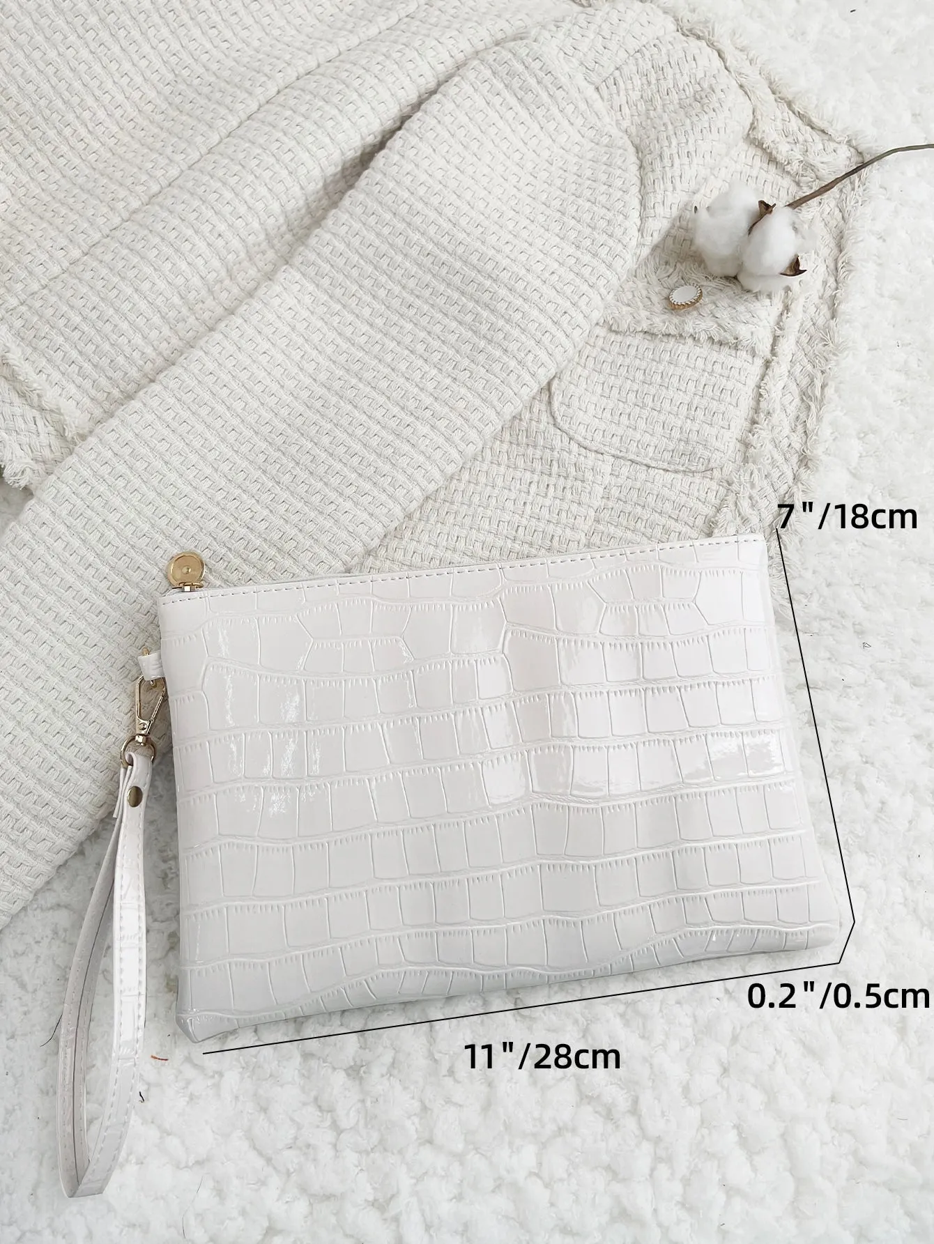 Crocodile Embossed Square Bag With Wristlet - White