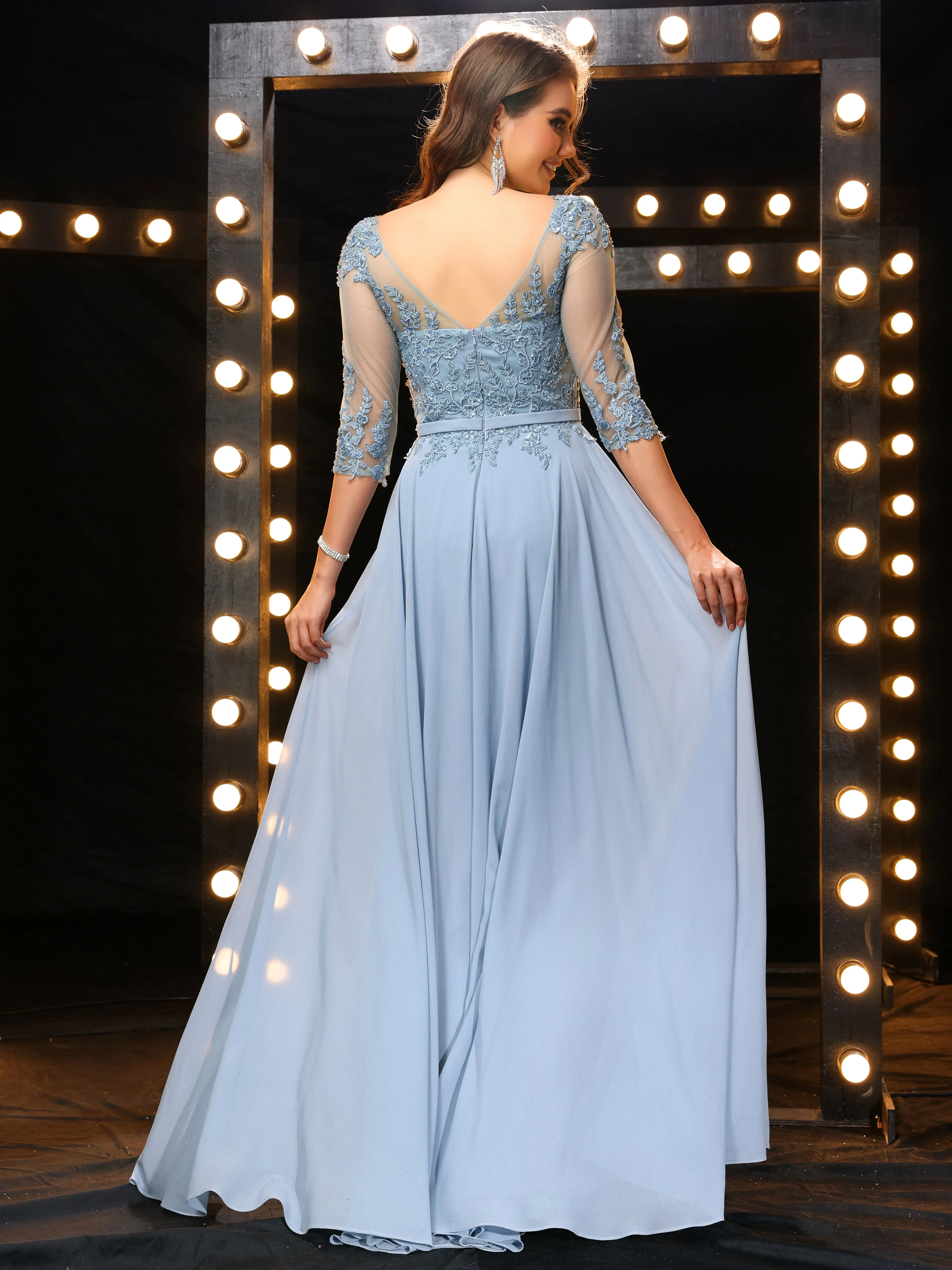 Elegant A Line Half Sleeves Chiffon Long Prom Dress