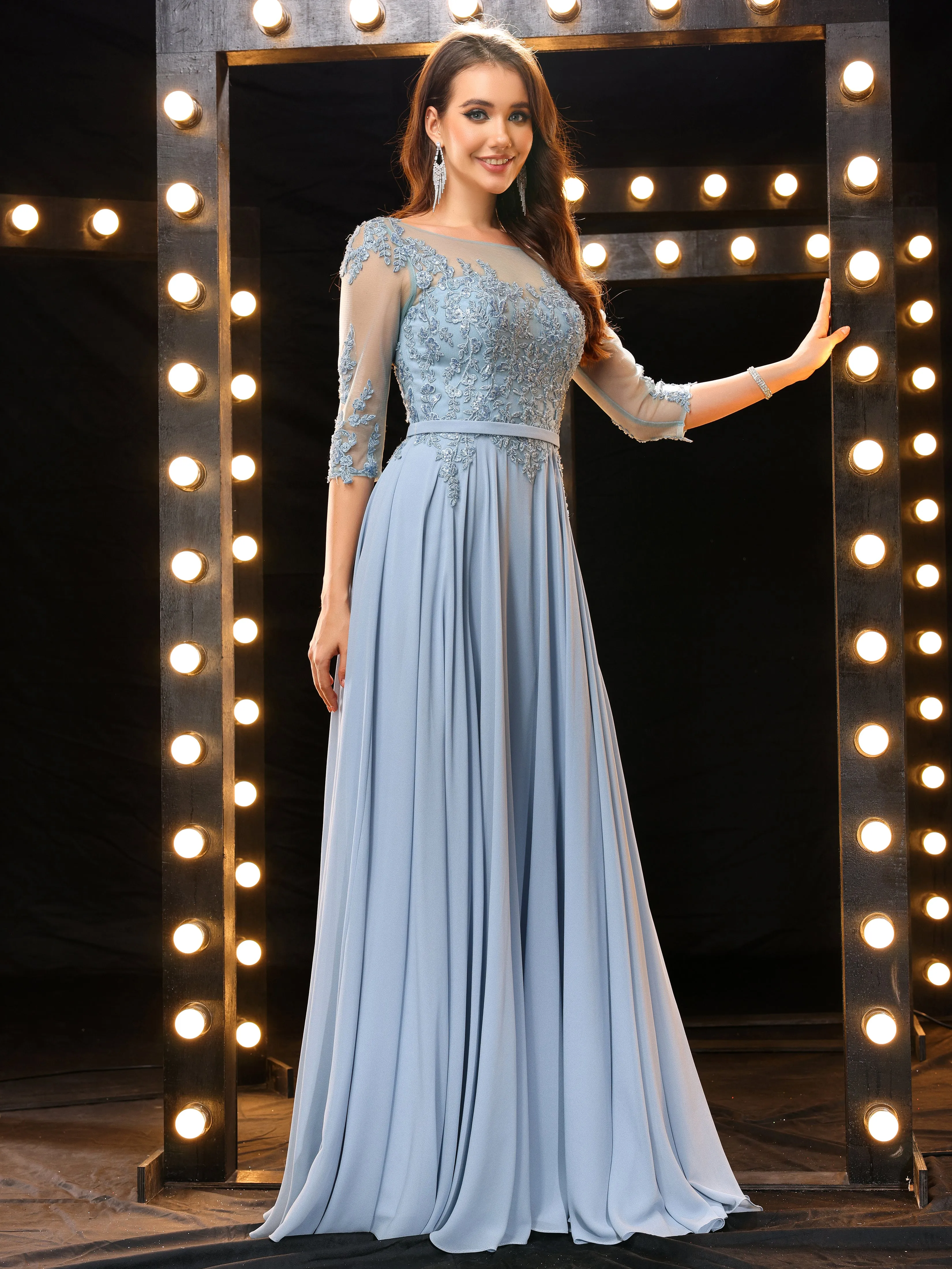 Elegant A Line Half Sleeves Chiffon Long Prom Dress