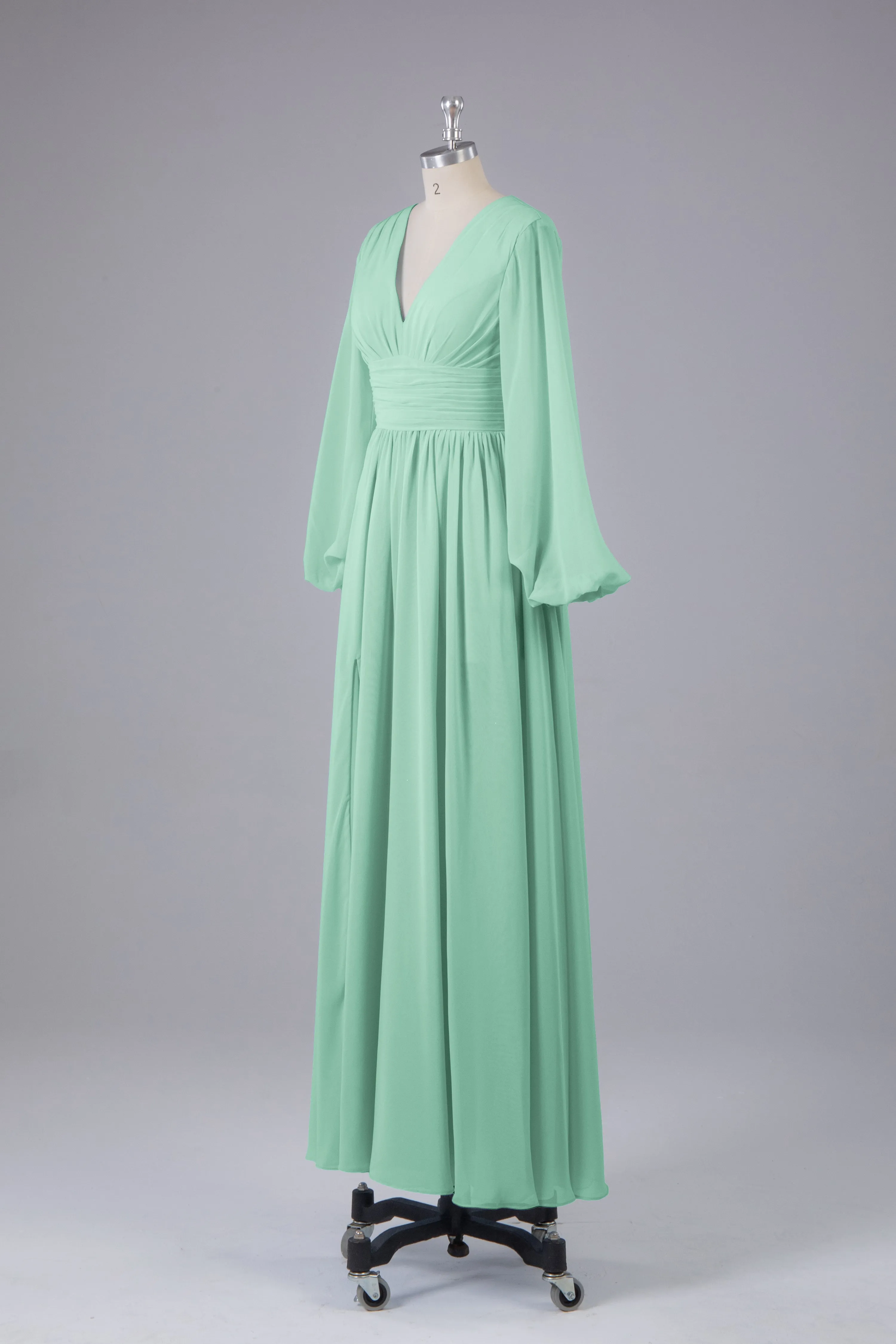 Elegant Long Sleeves V Neck Chiffon Long Bridesmaid Dresses