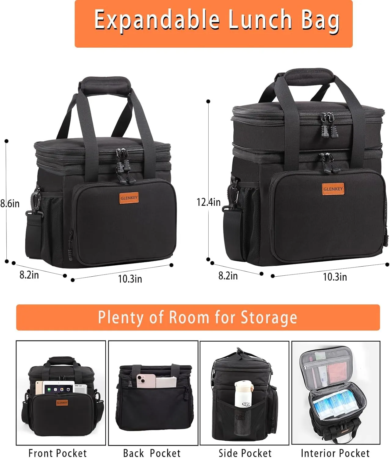 Expandable Insulated Lunch Box, Double Deck Heavy Duty Lunch Bag, Leakproof Cooler Bags