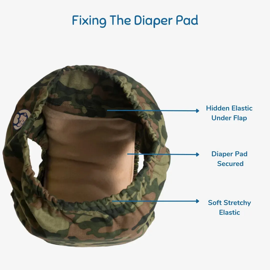 Fabric Diaper | Camo Baby | Elastic Waist | Pull Up/Underwear Style | With 2 Diaper Pads Free