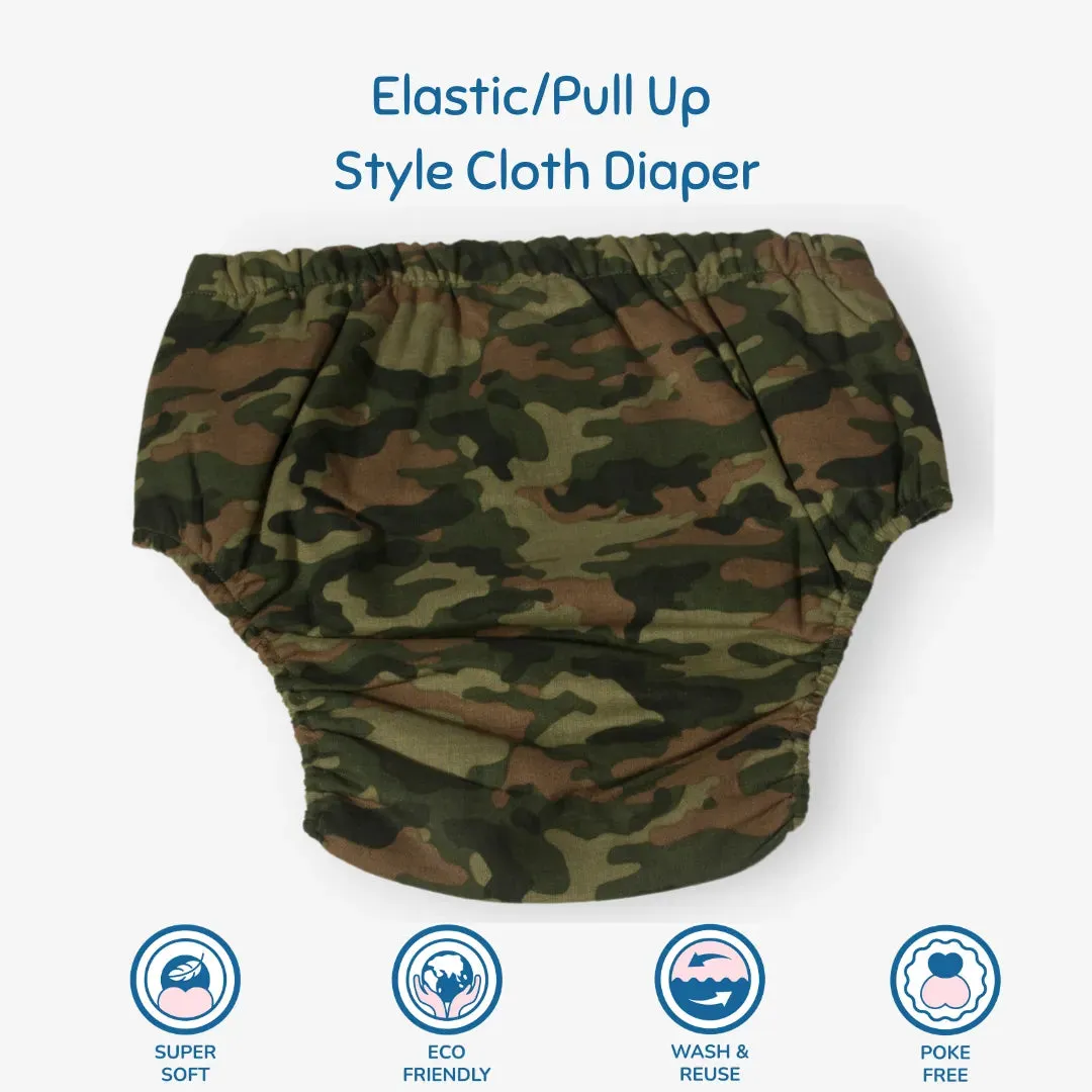Fabric Diaper | Camo Baby | Elastic Waist | Pull Up/Underwear Style | With 2 Diaper Pads Free
