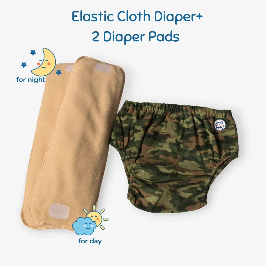 Fabric Diaper | Camo Baby | Elastic Waist | Pull Up/Underwear Style | With 2 Diaper Pads Free