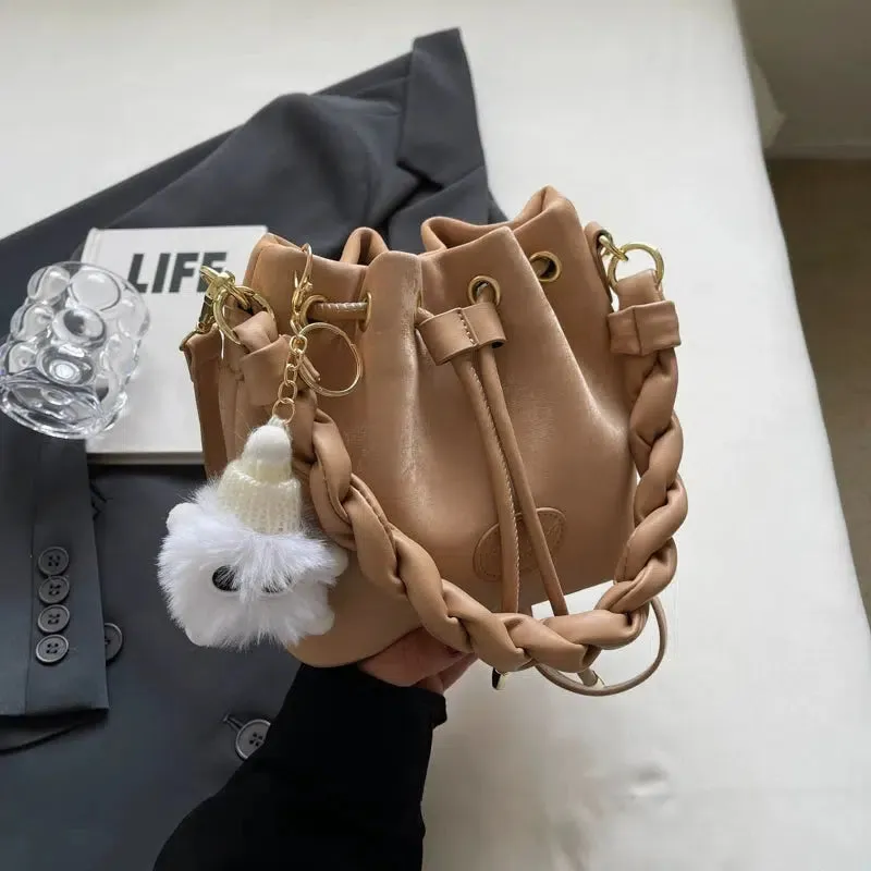 Fluffy Keychain Braided Handle Bucket Bag