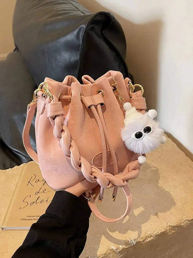 Fluffy Keychain Braided Handle Bucket Bag