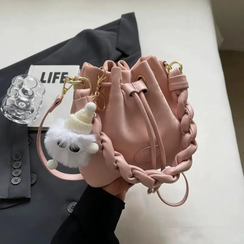 Fluffy Keychain Braided Handle Bucket Bag