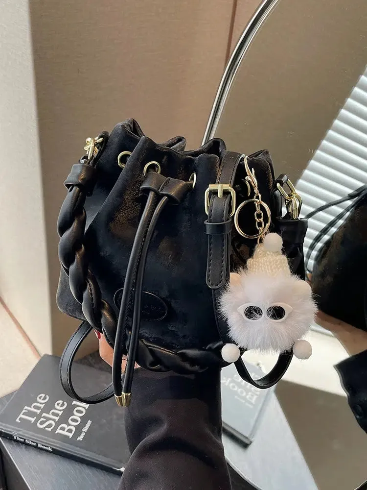 Fluffy Keychain Braided Handle Bucket Bag