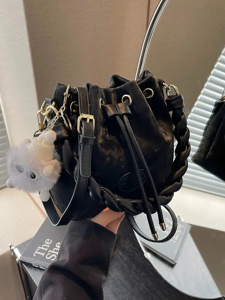 Fluffy Keychain Braided Handle Bucket Bag