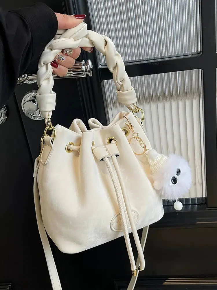 Fluffy Keychain Braided Handle Bucket Bag