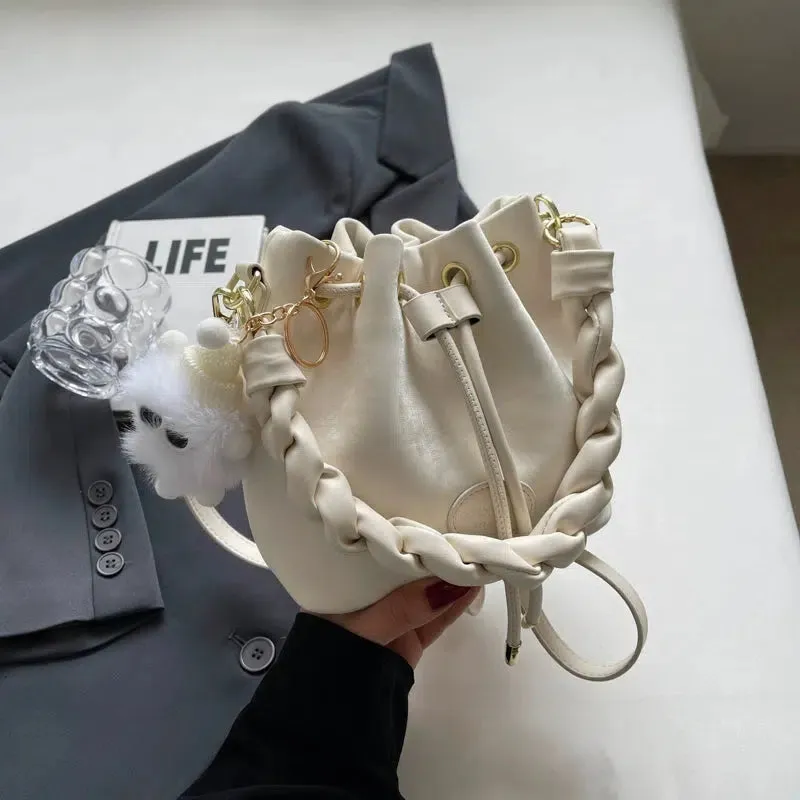 Fluffy Keychain Braided Handle Bucket Bag