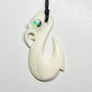 Handcarved Fish Hook Bone Carving Pendant w Paua Eye - Manaia