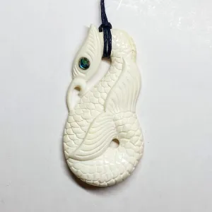 Handcarved Intricate Bone Carving Pendant w Paua Eye - Manaia