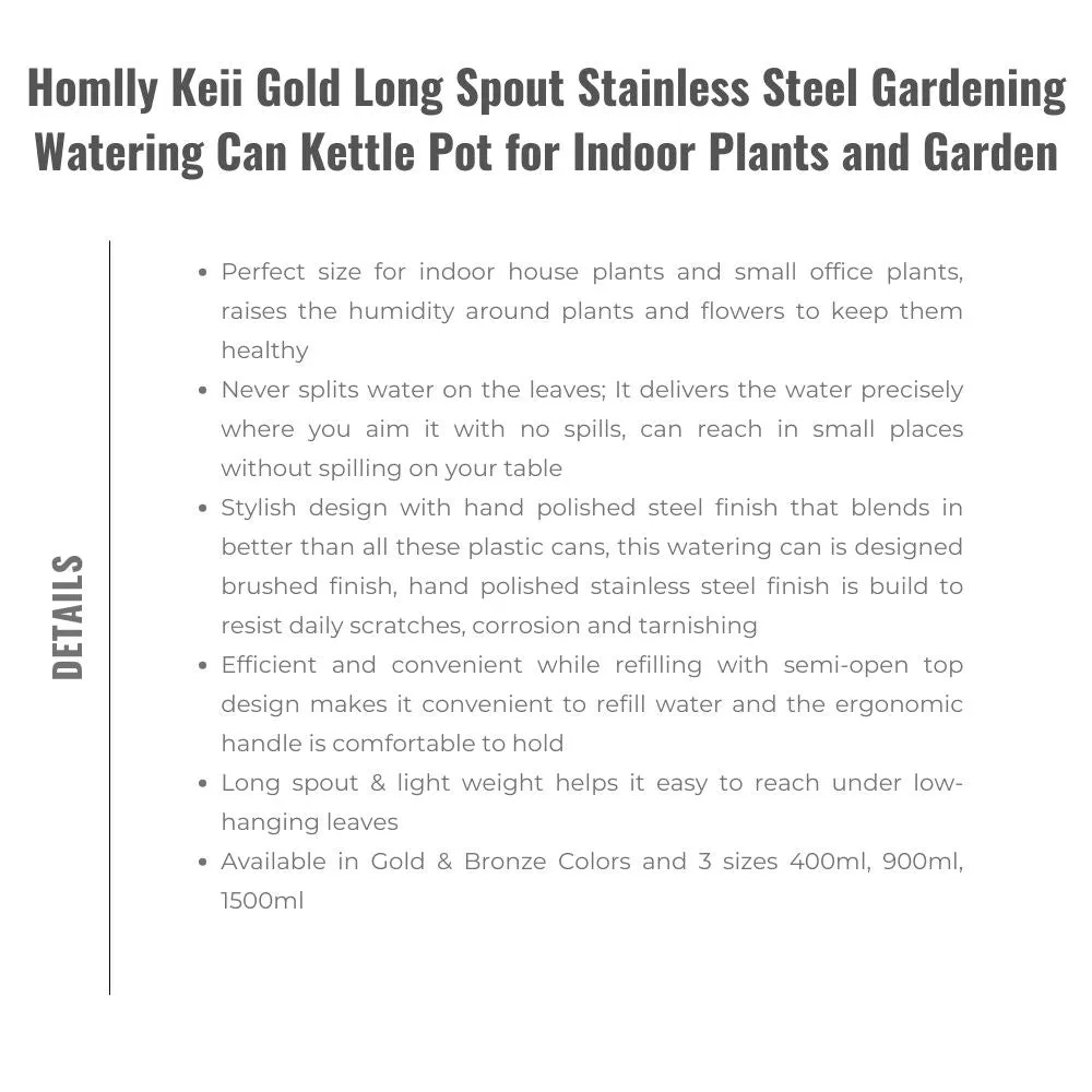 Homlly Keii Gold Long Spout Stainless Steel Gardening Watering Can Kettle Pot for Indoor Plants and Garden