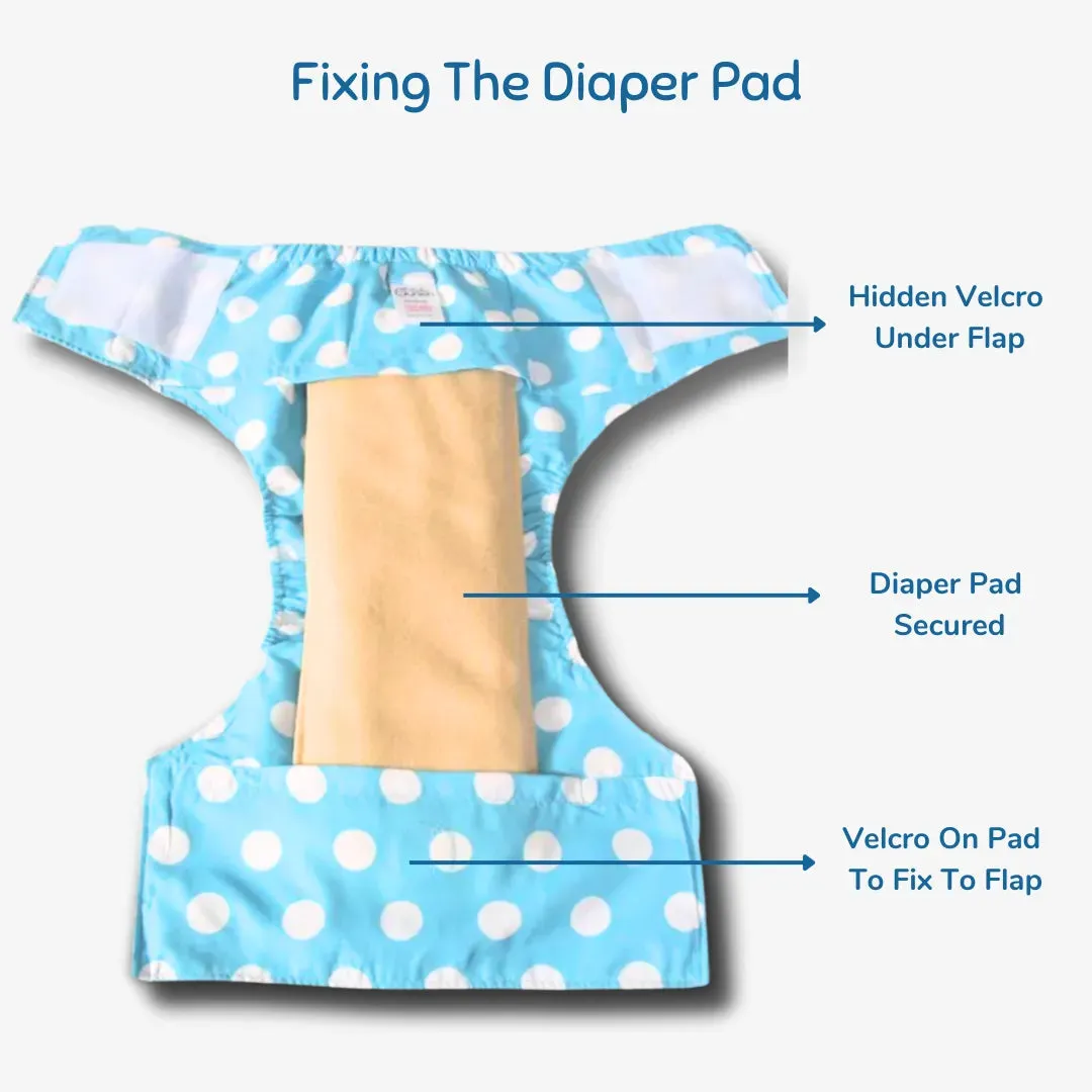 Infant Reusable Diapers | Polka Love | Velcro Closure | With 2 Diaper Pads Free