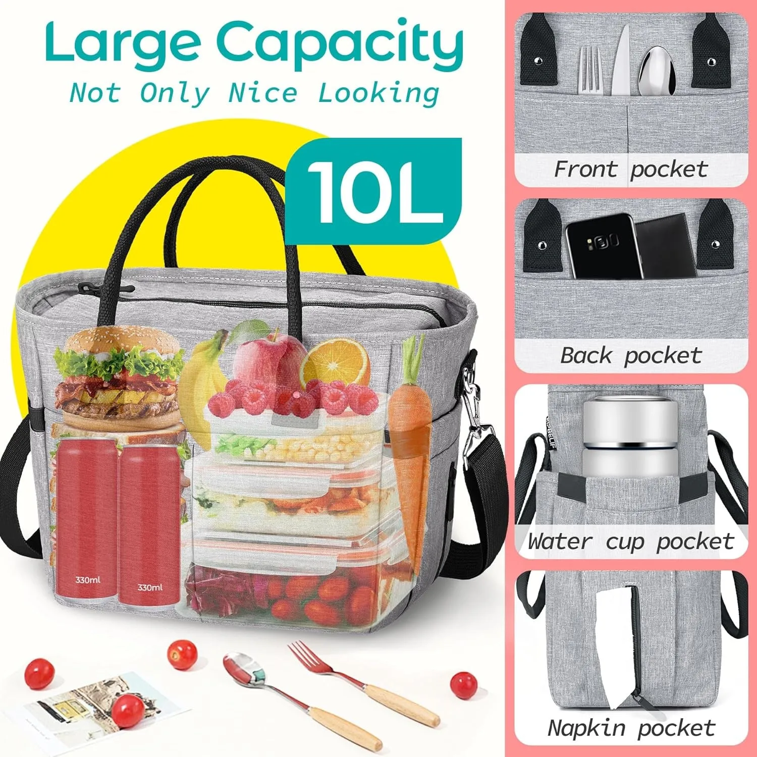 Insulated Lunch Bag with Shoulder Strap, Multi Pockets & Water Bottle Holder for Work Picnic