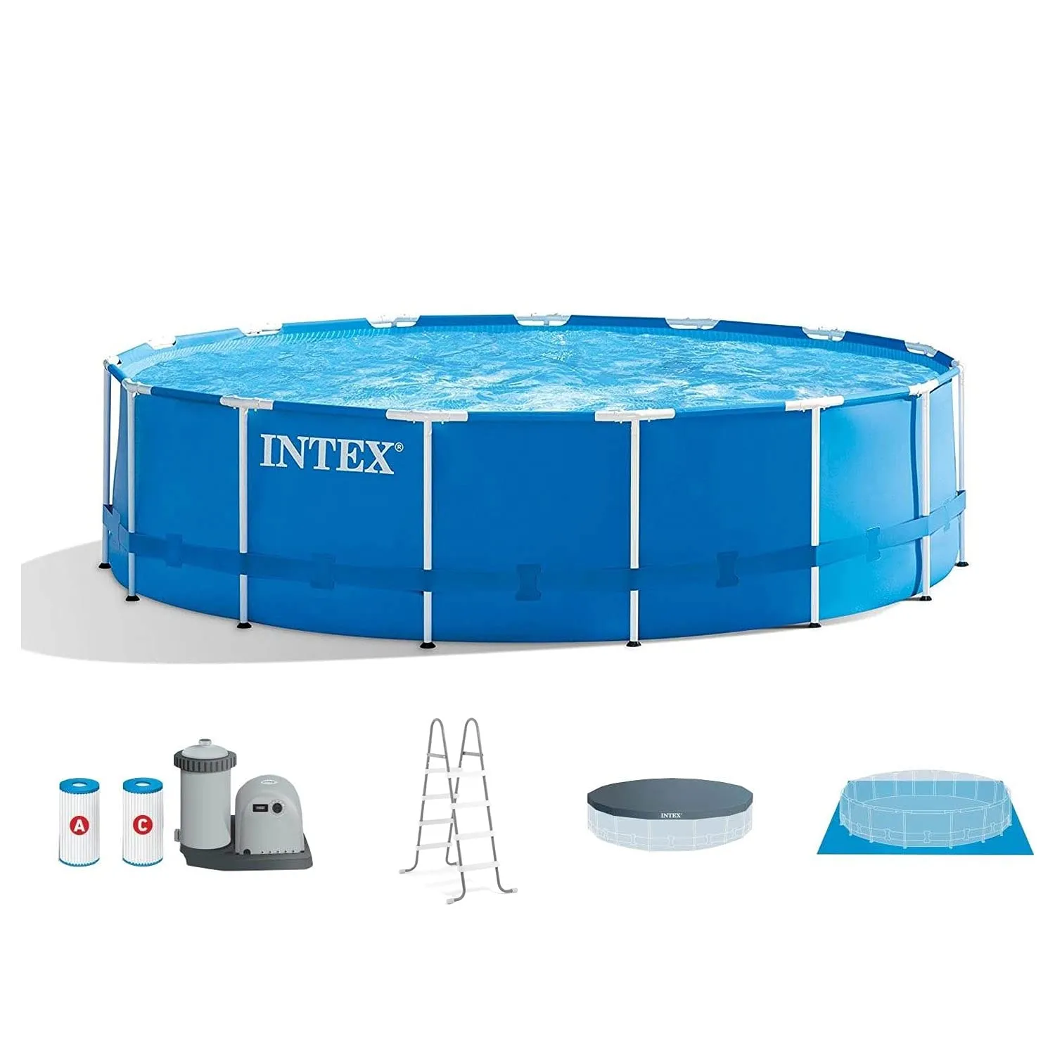 Intex 28253EH 18 Foot x 48 Inch Metal Frame Outdoor Above Ground Swimming Pool Set with with Filter Pump, Ladder, Ground Cloth and Pool Cover - new