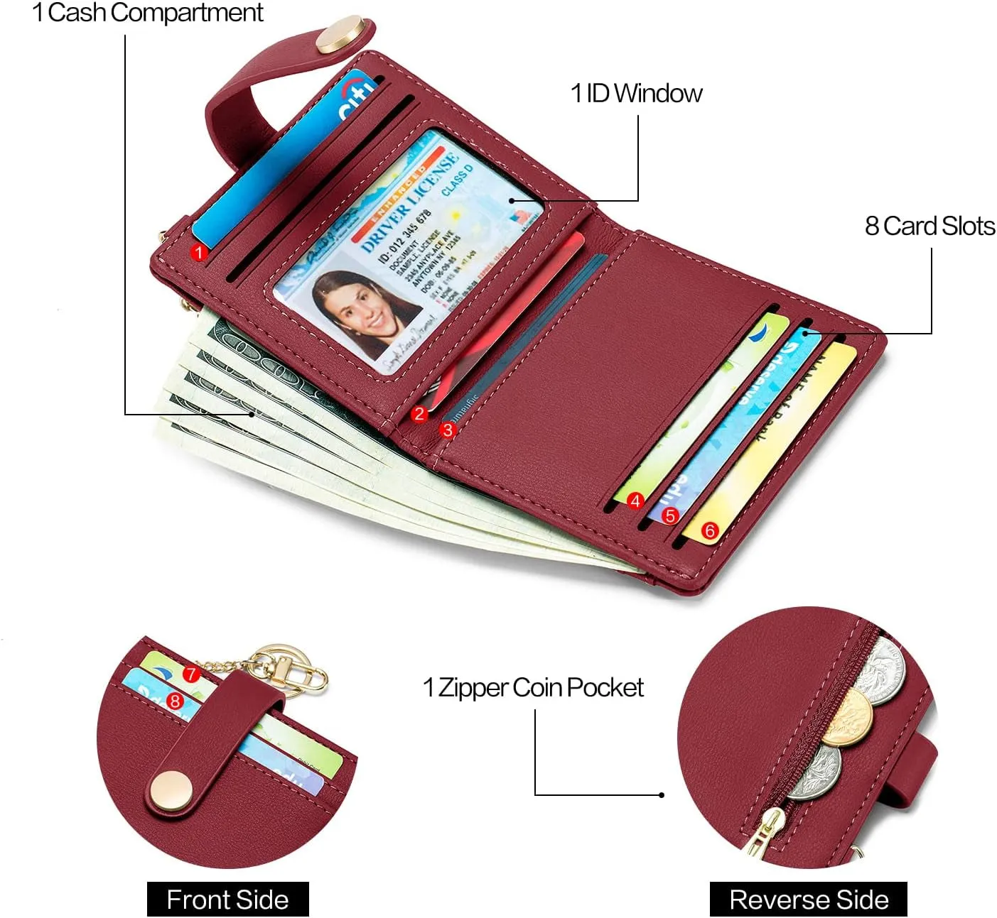 Keychain Wallet for Women, Bifold Credit Card Holder with Zipper Coin Pocket