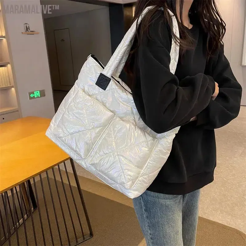 Luxury Purple Design Padded Bag For Women 2023 New Winter Cotton Space Handbag Shoulder Bag Female Large Messenger Tote Bag