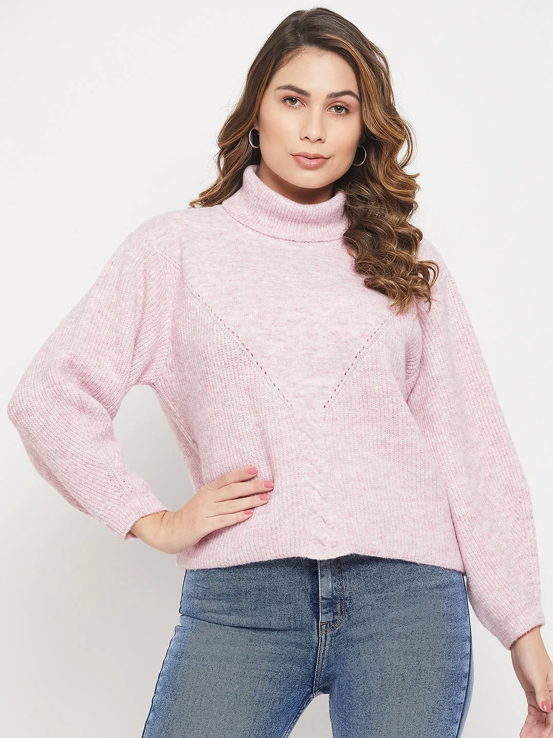 Madame Drop Shoulder Sleeve Pink Turtleneck Sweater