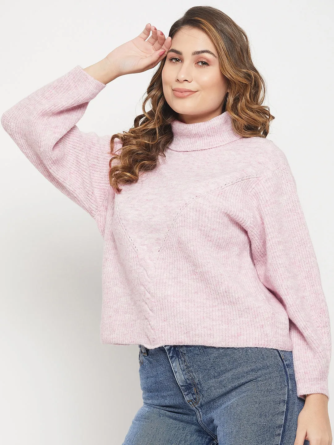Madame Drop Shoulder Sleeve Pink Turtleneck Sweater