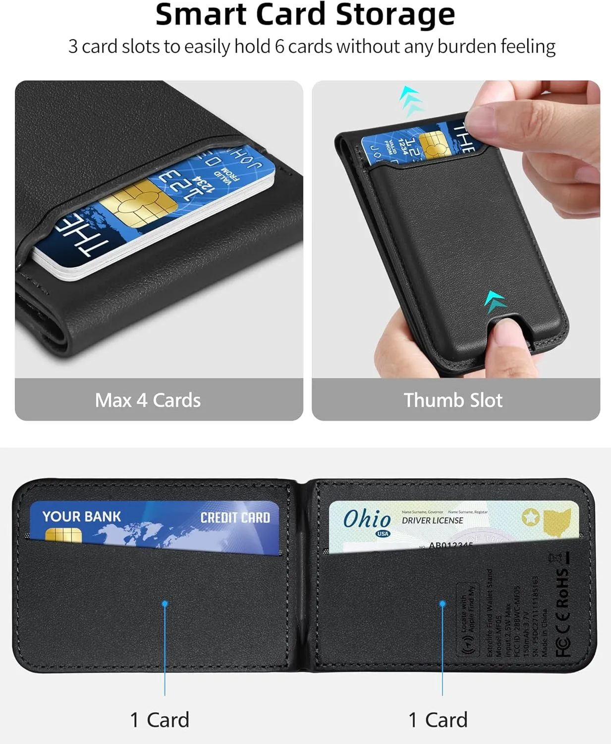 Magsafe Wallet for iPhone Series with Adjustable Stand, Works with Apple Find My - Black