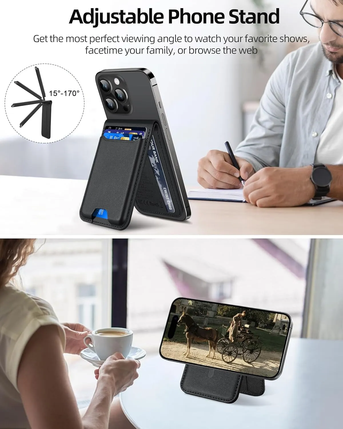 Magsafe Wallet for iPhone Series with Adjustable Stand, Works with Apple Find My - Black