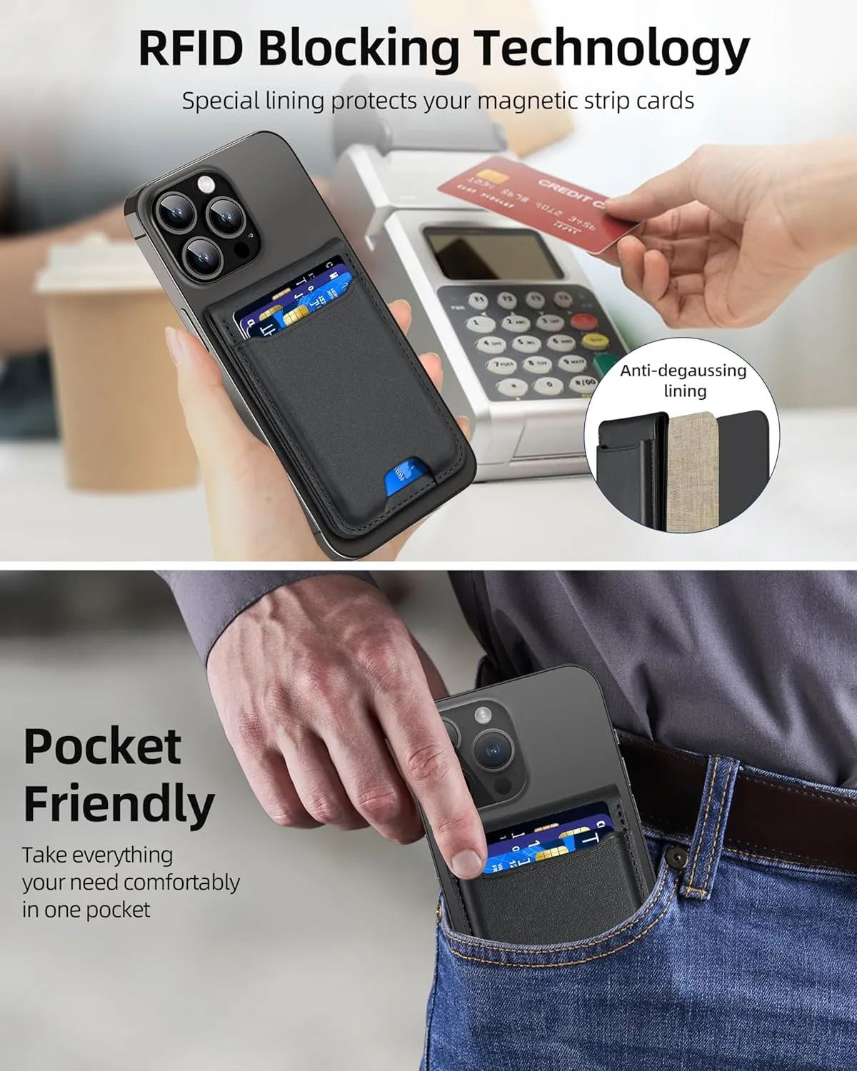Magsafe Wallet for iPhone Series with Adjustable Stand, Works with Apple Find My - Black