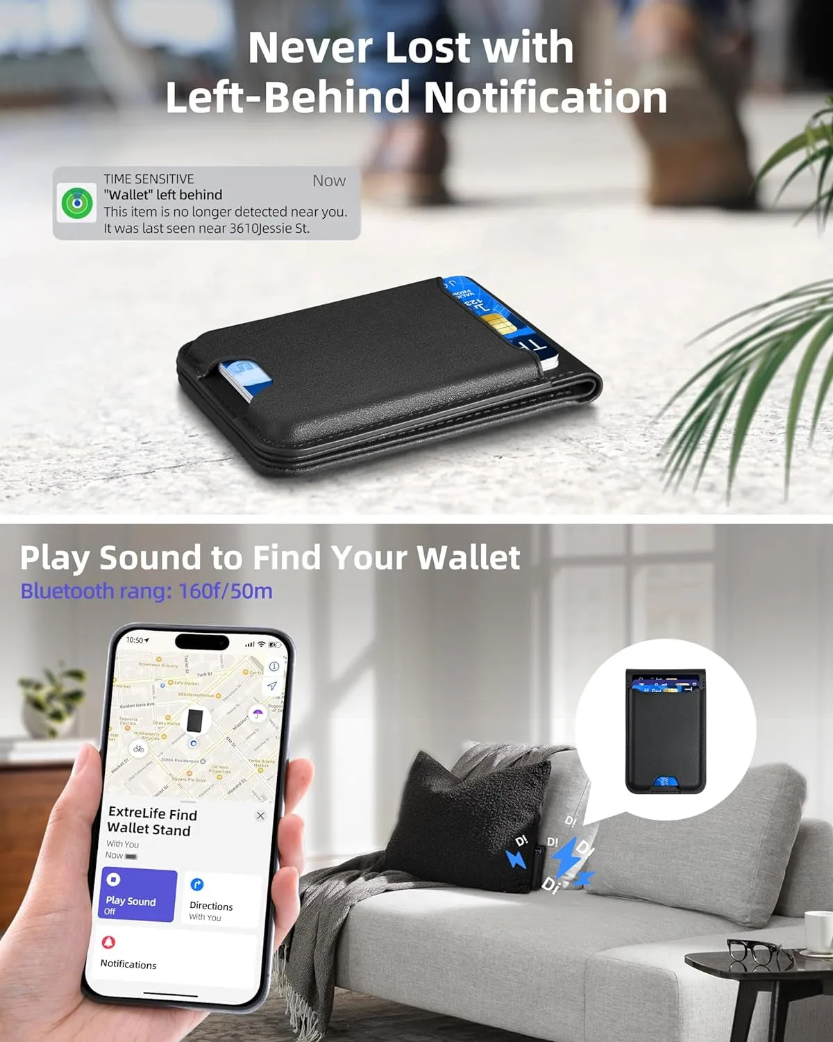 Magsafe Wallet for iPhone Series with Adjustable Stand, Works with Apple Find My - Black