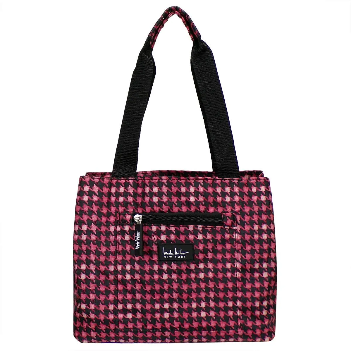 Nicole Miller of New York Insulated Waterproof Lunch Box Cooler Bag - 11 Lunch Tote (Black/Pink Houndstooth)