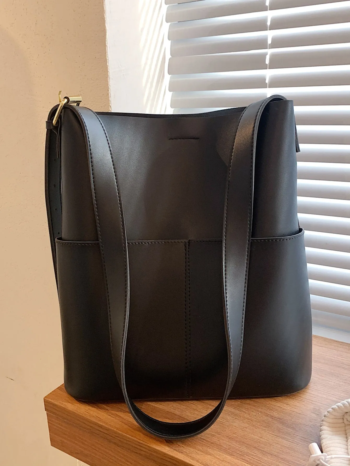 Pocket Front Design Buckle Detail Bucket Bag - Black