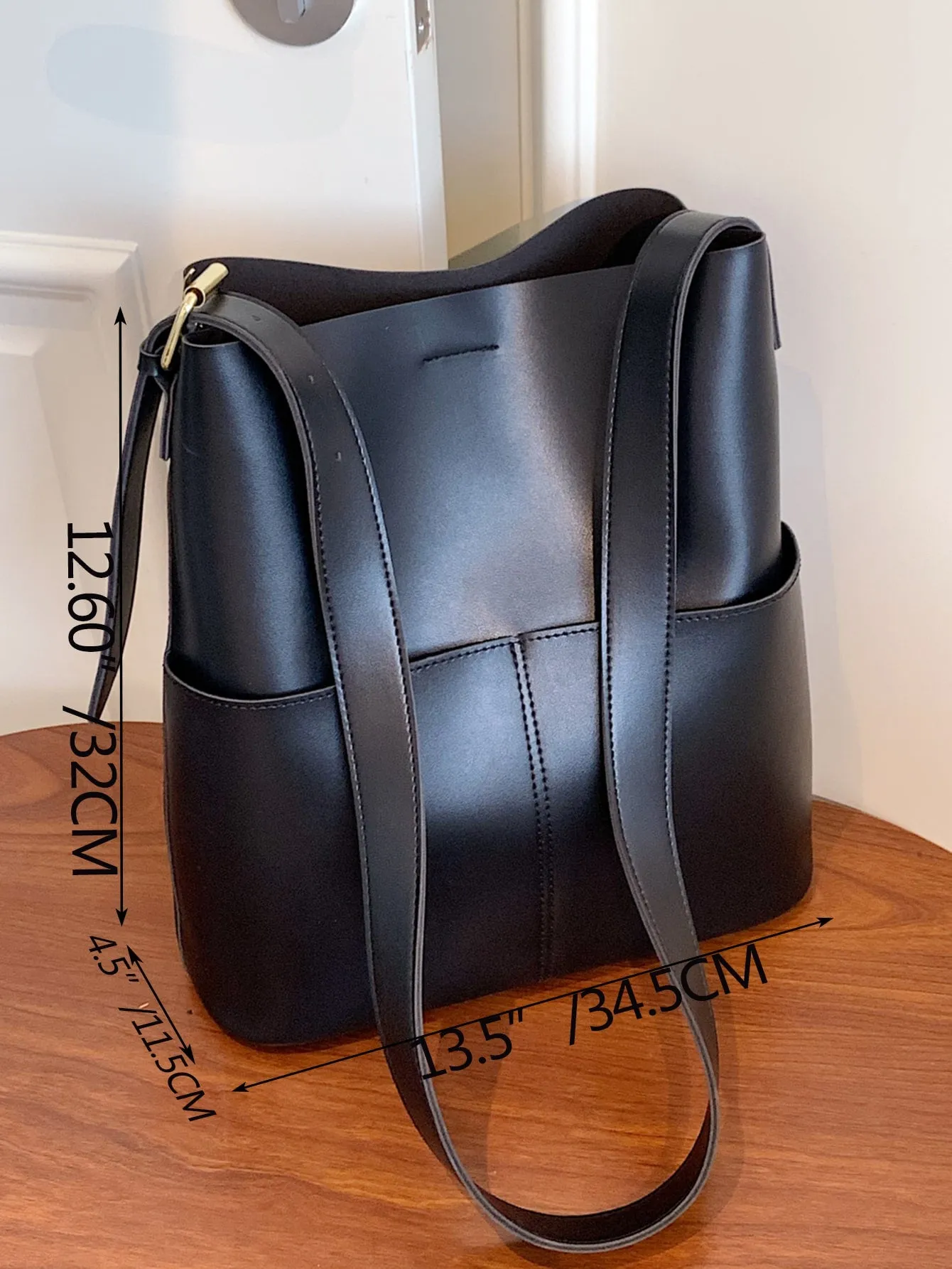 Pocket Front Design Buckle Detail Bucket Bag - Black