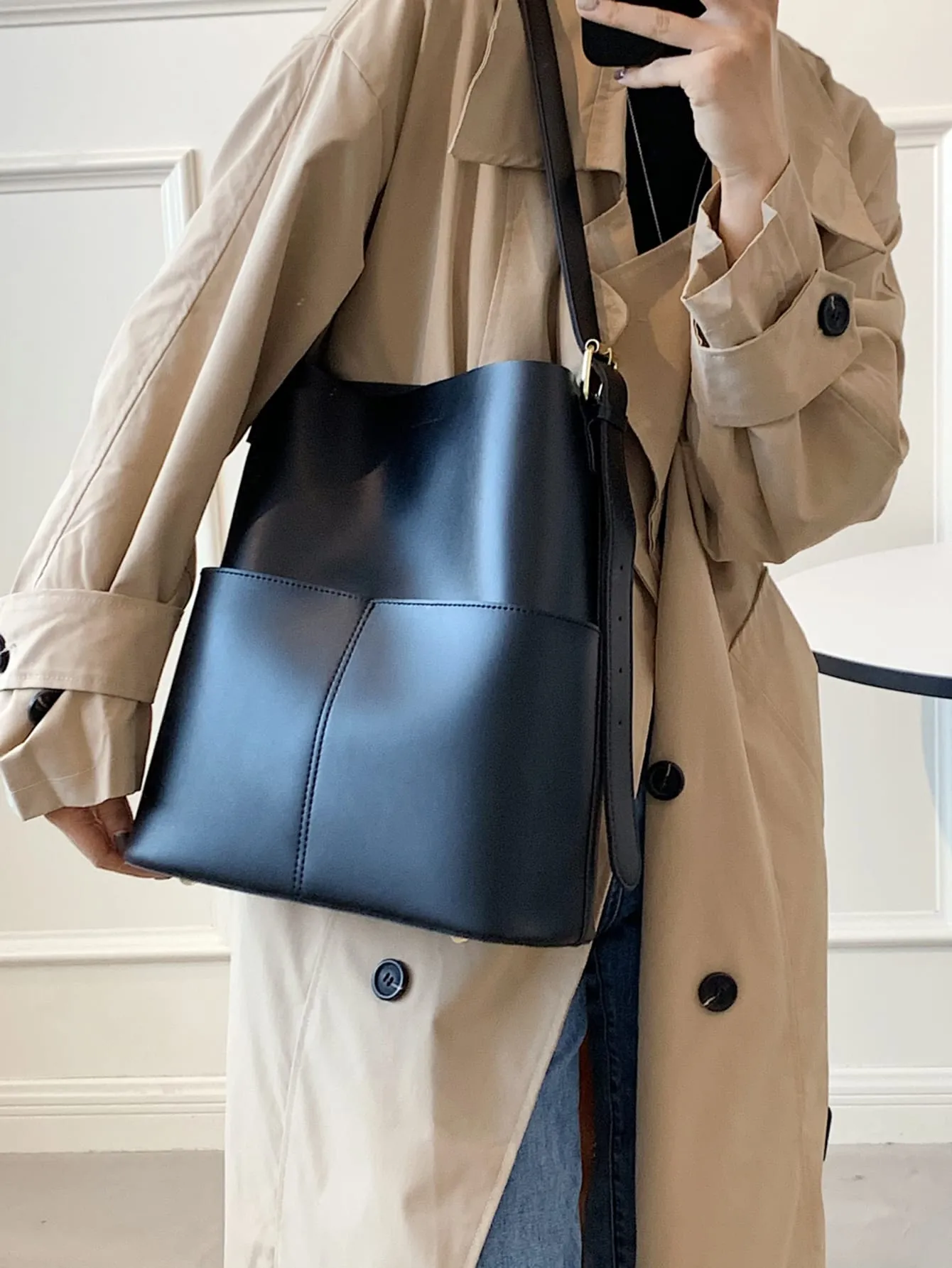 Pocket Front Design Buckle Detail Bucket Bag - Black
