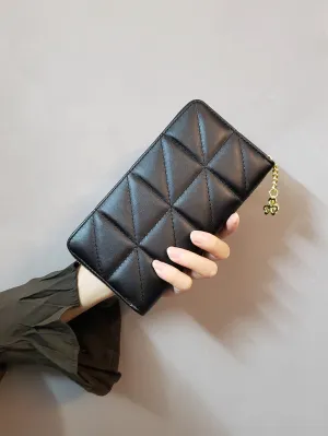 Quilted Detail Zipper Around Long Wallet