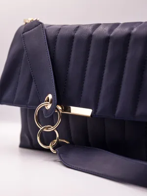 Quilted Pattern Flap Slouch Bag With Link Chain Strap - Blue - FD ⚡