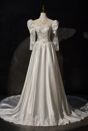 Satin Gorgeous Vintage Long Sleeves Appliques Wedding Dresses